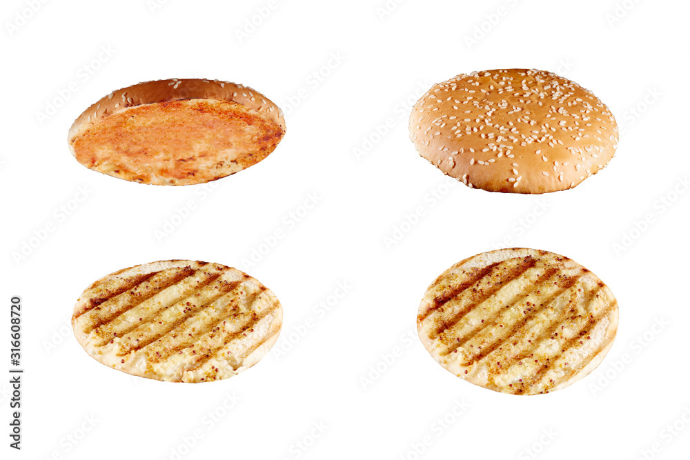 Set of burger bun empty isolated. American food classic burger round bread isolated at white background. Roasted toasted burger top without fillings flying, levitating at white. Set of burger bun empty isolated. American food classic burger round bread isolated at white background. Roasted toasted burger top without fillings flying, levitating at white.