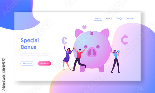 Bonus Card and Loyalty Program Website Landing Page.Tiny Male and Female Characters Happily Jumping near Piggy Bank, Woman Promoter Shout to Megaphone Web Page Banner. Cartoon Flat Vector Illustration