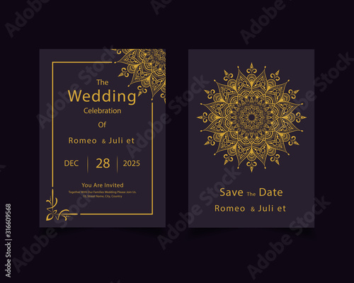 Save The Date invitation card design in henna tattoo style.Luxury mandala background with golden arabesque pattern arabic islamic east style Decorative mandala for print, poster, cover, brochure, flye