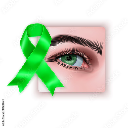 Illustration Of World Glaucoma Day Background with realistic eye and Green ribbon isolated on white background, vector eps 10 format