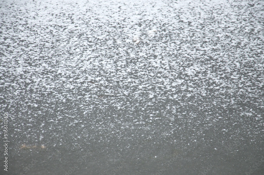 Frozen pond. The snow melts on the ice. Close up. For the background, for the design. Space for recording, Frozen pond. The snow melts on the ice. Close up. For the background, for the design. Space for recording,