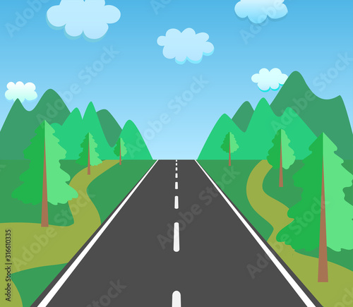 Asphalt road and mountain summer landscape vector illustration. Car travel, mountain adventures, outdoors south countries journey poster. Hiking resort recreation activity. Nature friendly travel.
