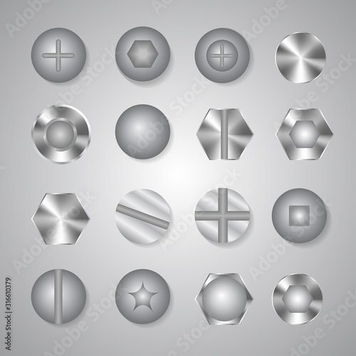 Metallic steel rivets, heads of male screws, nails vector set isolated on white background. Decorative grey hardware accessories for carpentry, brushed steel backdrops, construction posters, banners.