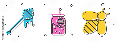 Set Honey dipper stick with dripping honey, Jar of honey and honey dipper stick and Bee icon. Vector
