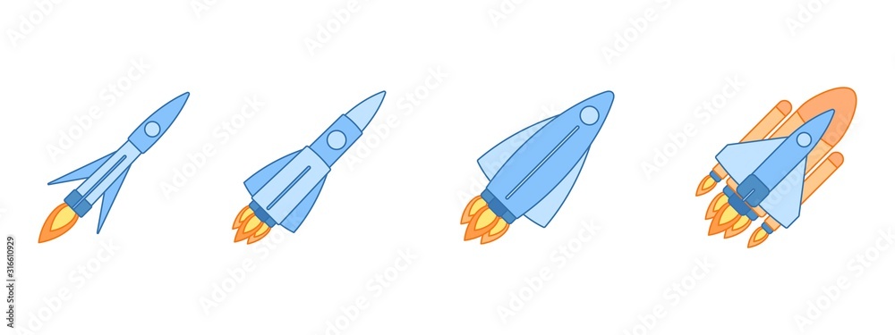 Fototapeta premium Set of space rockets. Easy, middle, heavy rockets and space shuttle. Side view collection of flying rockets. Flat style vector illustration isolated on white background