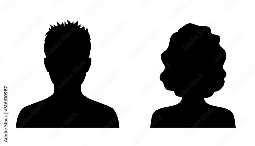 Man and woman head icon silhouette. Male and female avatar profile sign, face silhouette logo – stock vector - obrazy, fototapety, plakaty 