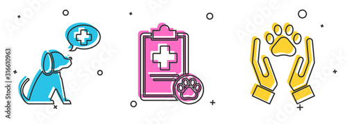 Set Veterinary clinic symbol, Clipboard with medical clinical record pet and Hands with animals footprint icon. Vector