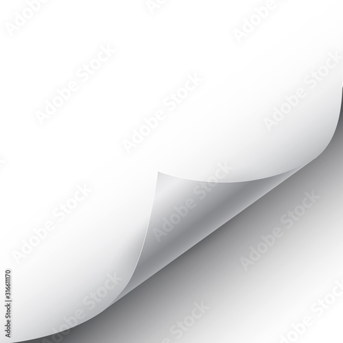 Blank page with curled corner and shadow, page curl with shadow on blank sheet of paper, corner of sheet of paper – vector