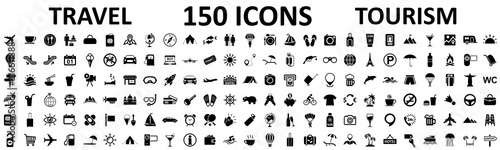Travel and tourism set 150 icons, vocation signs for web development apps, websites, infographics, design elements – stock vector