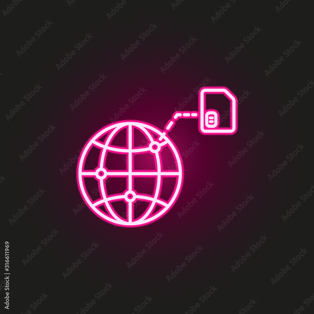 Sim card network, abroad neon style icon. Simple thin line, outline vector of telecommunication icons for ui and ux, website or mobile application Sim card network, abroad neon style icon. Simple thin line, outline vector of telecommunication icons for ui and ux, website or mobile application