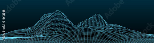Vector gradient wireframe 3d landscape. Technology grid illustration. Network of connected dots and lines.