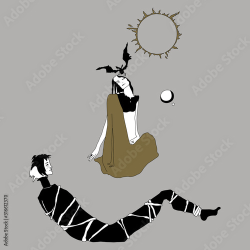 Isolated vector illustration. Two fantastic characters. Bound captive man and dreamy girl with bat in her hair. female and male archetypes. Hand drawn original style art.