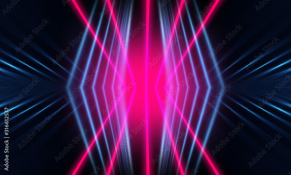 Dark neon background with lines and rays. Blue and pink neon. Abstract futuristic background. Night scene with neon, light reflection.