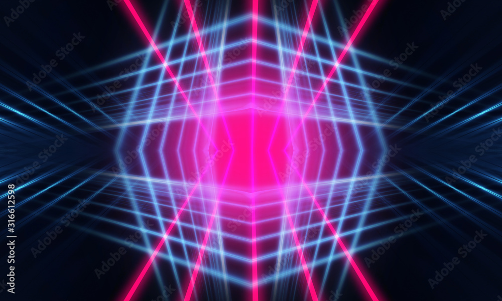 Dark neon background with lines and rays. Blue and pink neon. Abstract futuristic background. Night scene with neon, light reflection. Dark neon background with lines and rays. Blue and pink neon. Abstract futuristic background. Night scene with neon, light reflection.
