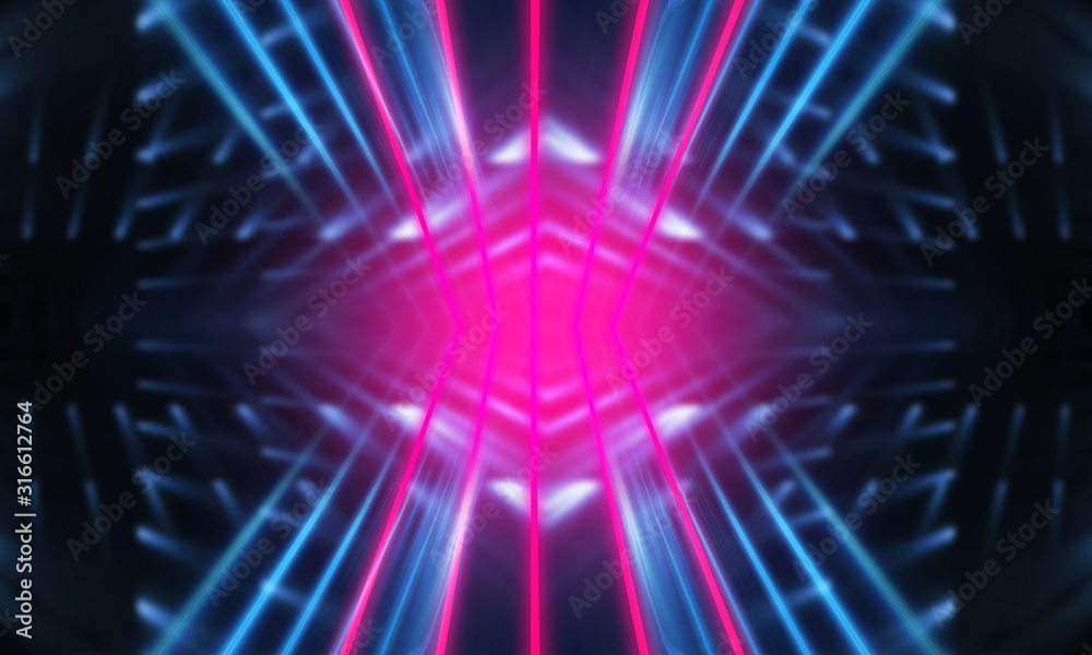 Dark neon background with lines and rays. Blue and pink neon. Abstract futuristic background. Night scene with neon, light reflection. Dark neon background with lines and rays. Blue and pink neon. Abstract futuristic background. Night scene with neon, light reflection.