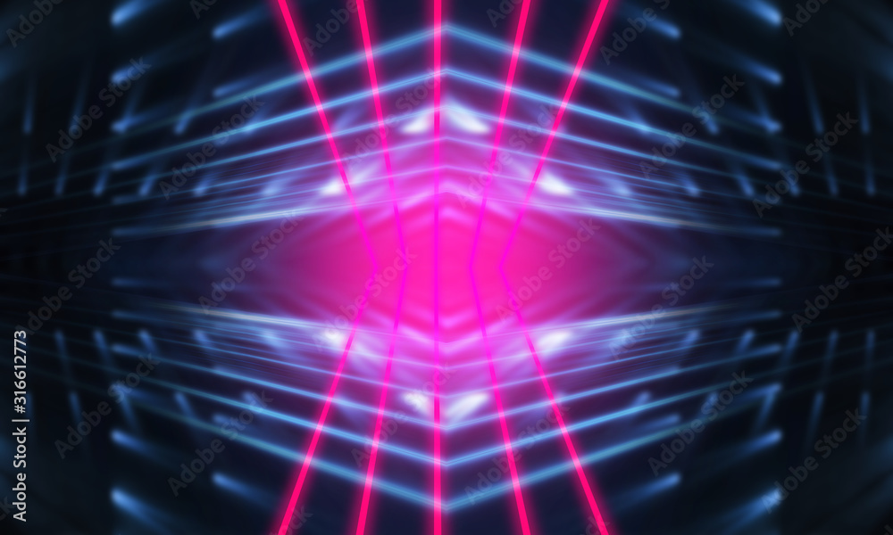 Dark neon background with lines and rays. Blue and pink neon. Abstract futuristic background. Night scene with neon, light reflection. Dark neon background with lines and rays. Blue and pink neon. Abstract futuristic background. Night scene with neon, light reflection.