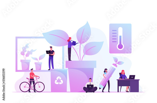 Group of Young Business People Working Together in Modern Office with Many Green Plants. Creative People with Laptops Using Eco Technologies for Work. Successful Team Cartoon Vector Illustration