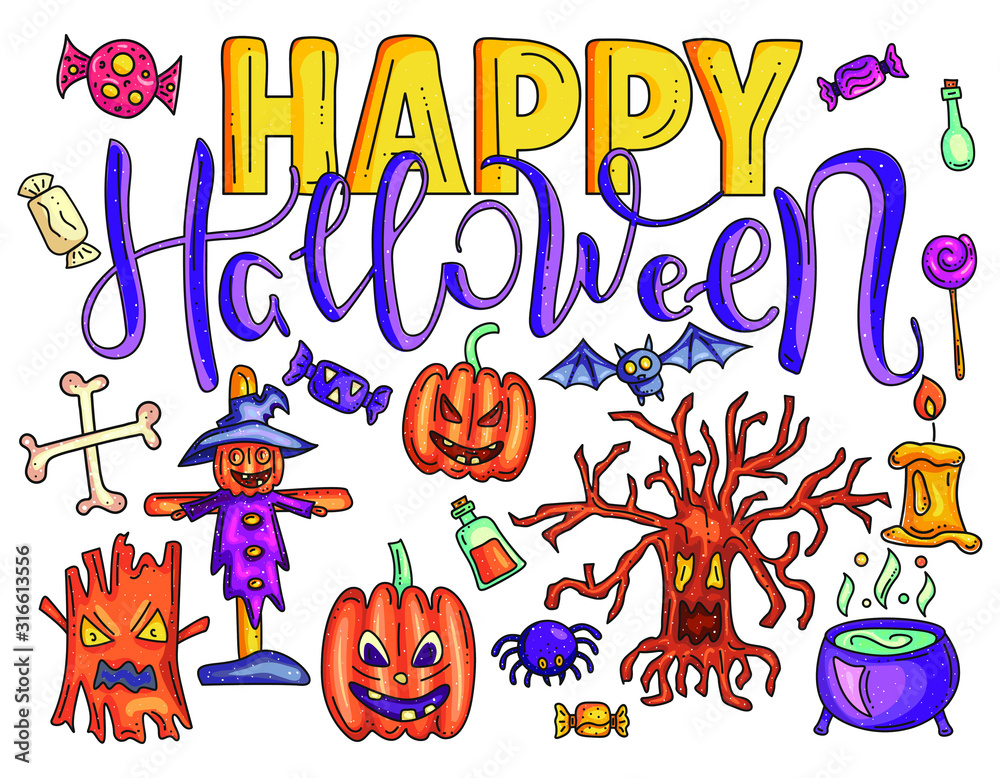 Fototapeta premium Set of Happy Halloween doodle. Lettering. Vector stock illustration.
