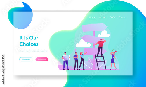 Choice Way Website Landing Page. Business People Stand at Road Pointer with Hard and Easy Directions Making Crossroad Decision what Path to Choose Web Page Banner. Cartoon Flat Vector Illustration