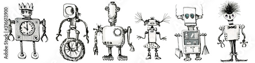 Team of robots. Vintage toys. Ink drawing.	