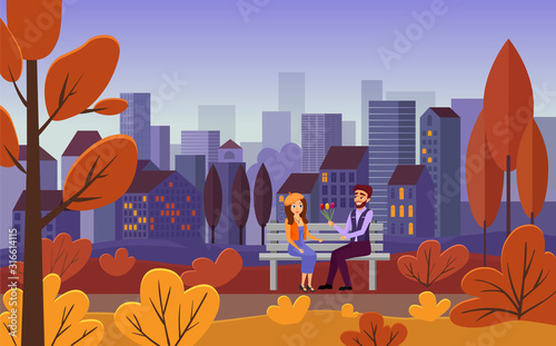 Romantic date, autumn city leisure vector illustration. Young couple sitting on bench together, girlfriend and boyfriend with flower bouquet flat characters. Cityscape, evening outdoor walk