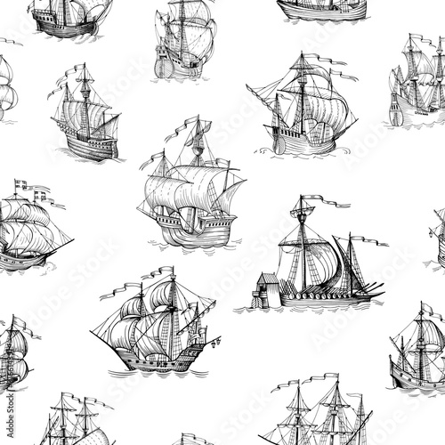 Old caravel, vintage sailboat. Hand drawn vector sketch. Vector seamless pattern