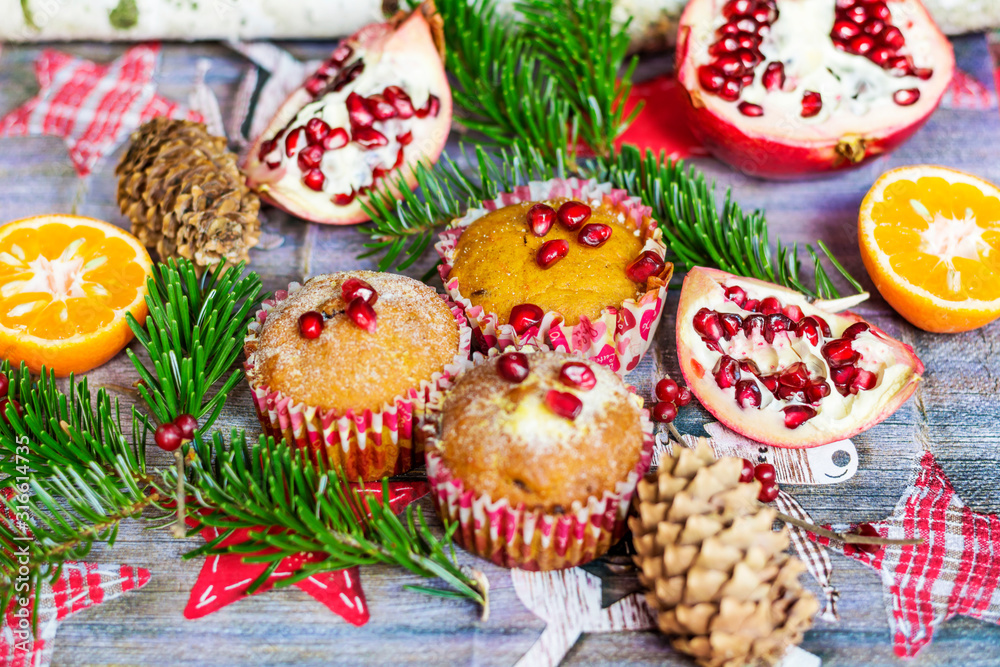 Muffins with Banana and Pomegranate .Traditional Christmas Muffins