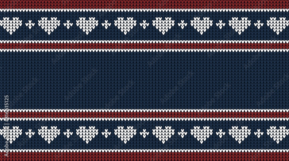 Knitted vector background for your lettering and text. Vector backdrop template for your design. Sweater style with hearts and geometric ornaments. Blue, red and white color.
