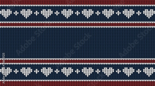Obraz na płótnie Knitted vector background for your lettering and text. Vector backdrop template for your design. Sweater style with hearts and geometric ornaments. Blue, red and white color. w salonie