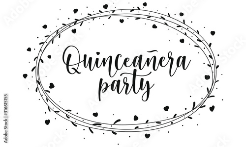 Quinceanera party lettering sign to make invitation card, iron on, decoration. Teenager girl birthday celebration calligraphy. Black text isolated on white background. Vector stock illustration. 