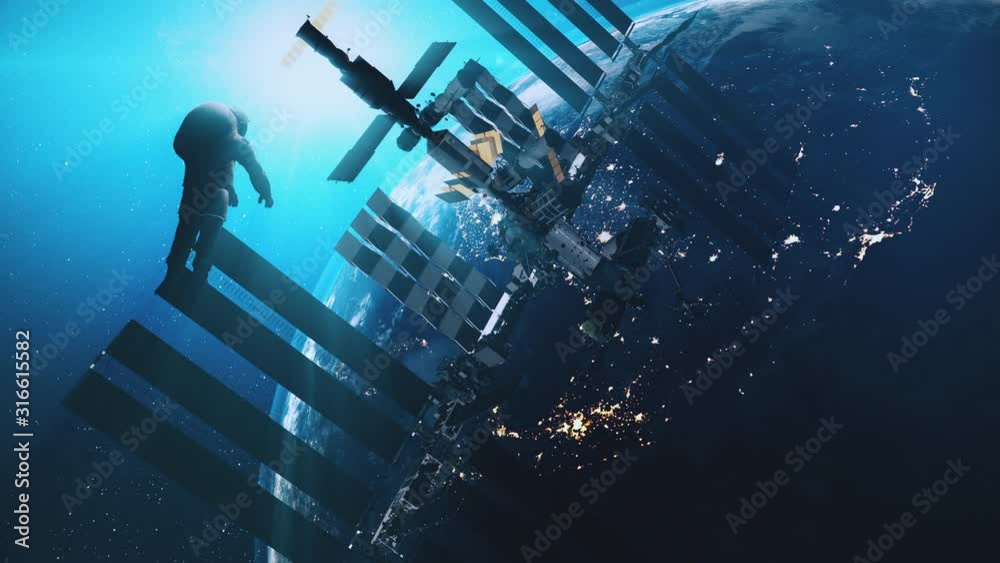 ISS astronaut in outer cosmos Earth background. International Space Station modul fly to spaceman against realistic planet. Sun Shine. 3d render animation. 4K. Elements of media furnished by NASA