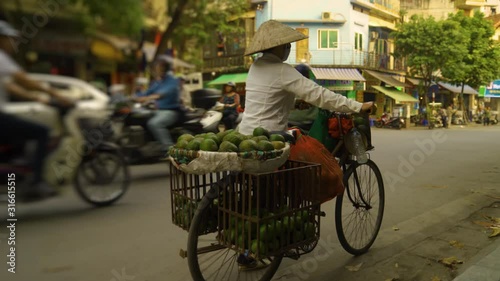 Street Vendor In Hanoi Selling Fruits On A Bicycle, Vietnam