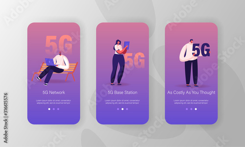 High-speed 5G Internet Mobile App Page Onboard Screen Set. Young People Communicating Online Using Gadgets. Social Media Networking Concept for Website or Web Page, Cartoon Flat Vector Illustration