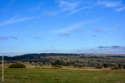 Green landscape with big meadow, trees and blue sky in the Rhön, Bavaria, Germany