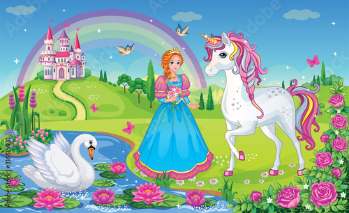 Beautiful Princess with white unicorn and Swan. Fairytale background with flower meadow  castle  rainbow  lake. Wonderland. Magical landscape. Children s cartoon illustration. Romantic  story. Vector.