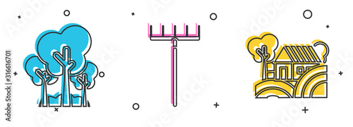 Set Trees, Garden rake and Farm House concept icon. Vector
