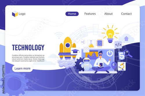 Technology, digital world landing page vector template. Businessman with 3D glasses and devices faceless character. Innovation, scientific breakthrough, high tech web banner homepage design layout