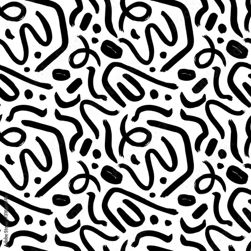 Elegant grunge ink vector seamless pattern. Black curves minimalist hand drawn texture.