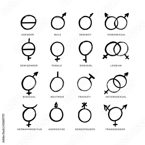 Vector brush icons of gender symbols and combinations. Male, female, transgender, lesbian, gay, homosexual,