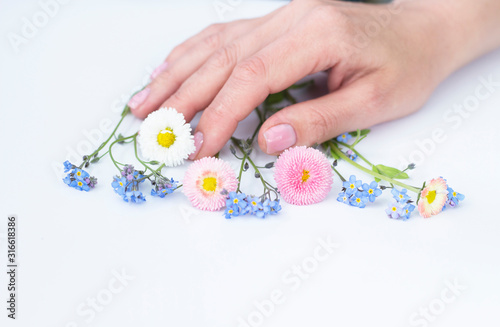 Beautiful woman hand create floristic composition on white background