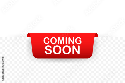 Red ribbon coming soon. Promotion banner coming soon. Vector stock illustration