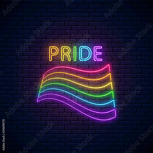 Neon LGBT wawing flag with pride text. Pride sign design template, LGBT logo, bisexual, gay and transgender rights