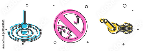 Set Fishing float in water, No fishing and Spinning reel for fishing icon. Vector
