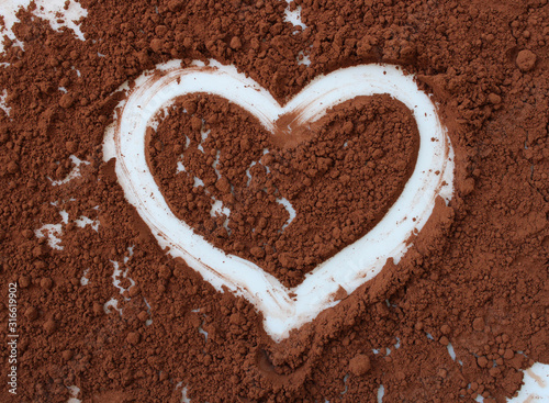 heart shaped drawing on cacao powder , top view, heart background