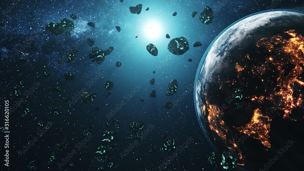 Meteor shower flying through solar system to Earth. Asteroid rock  collision. Realistic Planet globe and Sun on background. 3d render animation.  Science concept. Element of this media furnished by NASA Stock Illustration  |