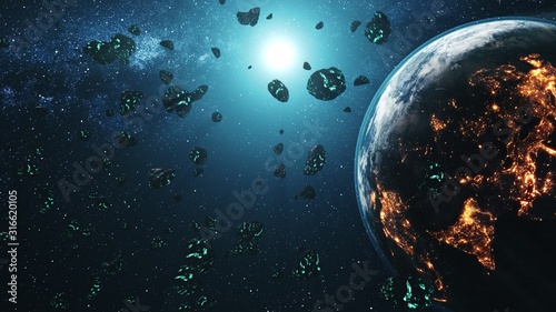 Meteor shower flying through solar system to Earth. Asteroid rock collision. Realistic Planet globe and Sun on background. 3d render animation. Science concept. Element of this media furnished by NASA