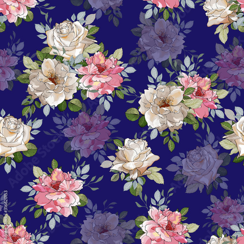 Beautiful seamless floral pattern with cream, pink flowers rose, green leaves on dark blue background. For valentine day, textile, wallpapers, wrapping paper. Watercolor style. Vector illustration.