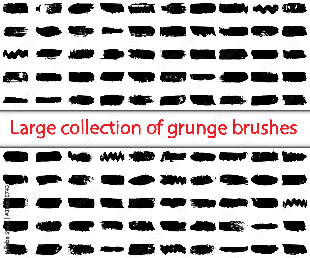 Large collection of grunge brushes. Abstract lines with a dry brush. Smears of black paint. Ink spots on a white background