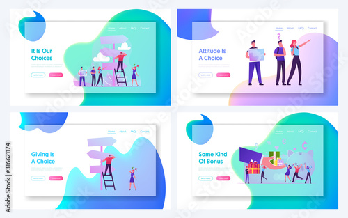 Bonus Loyalty System, People Choose Way at Crossroad Website Landing Page Set. Businesspeople Life Challenge, Hike Outdoors Activity, Shopping Discount Web Page Banner Cartoon Flat Vector Illustration