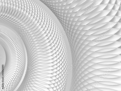 Abstract white background with round spiral structure made of circles, 3d